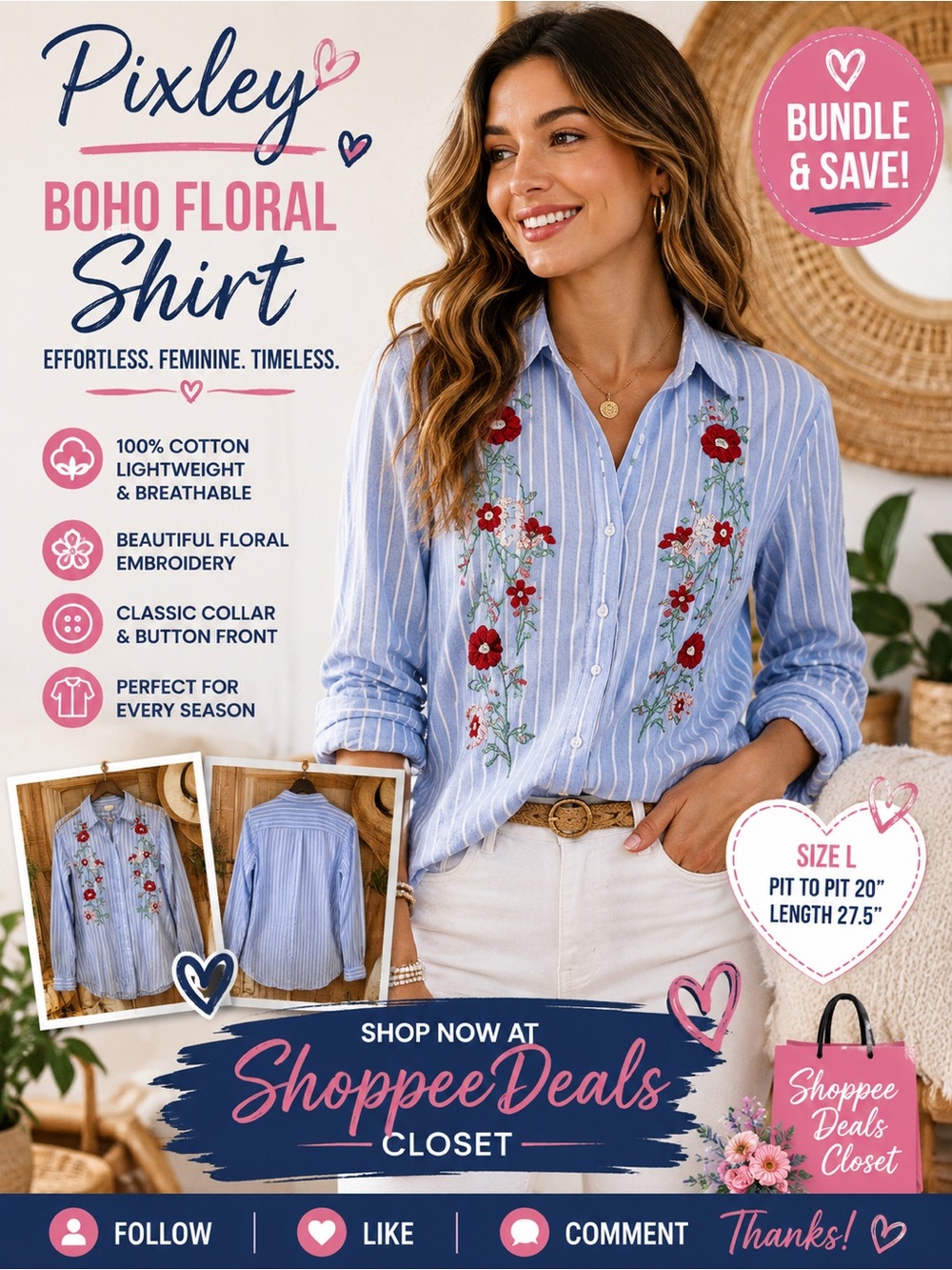Pixley Blue Striped Embroidered Floral Button-Up Shirt – Women’s Large